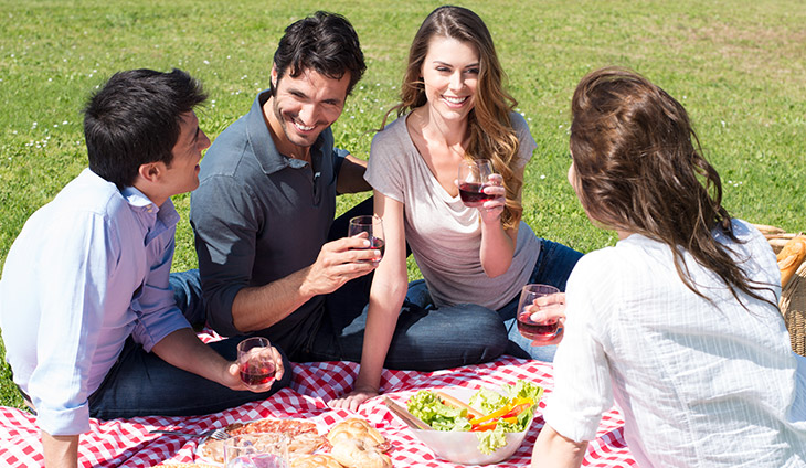People sitting on a blanket with glasses of red wine